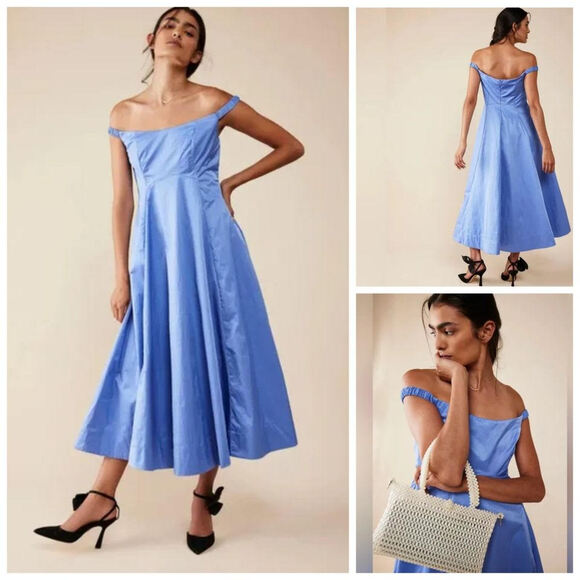 Free People Dresses & Skirts - Free People Alinda Dress Ruched Off The Shoulder Fit and Flare Midi Size‎ 2 NWOT